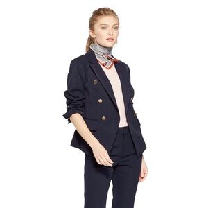 AND Navy Blue Double Breasted Military Blazer Jacket Brass Gold Buttons